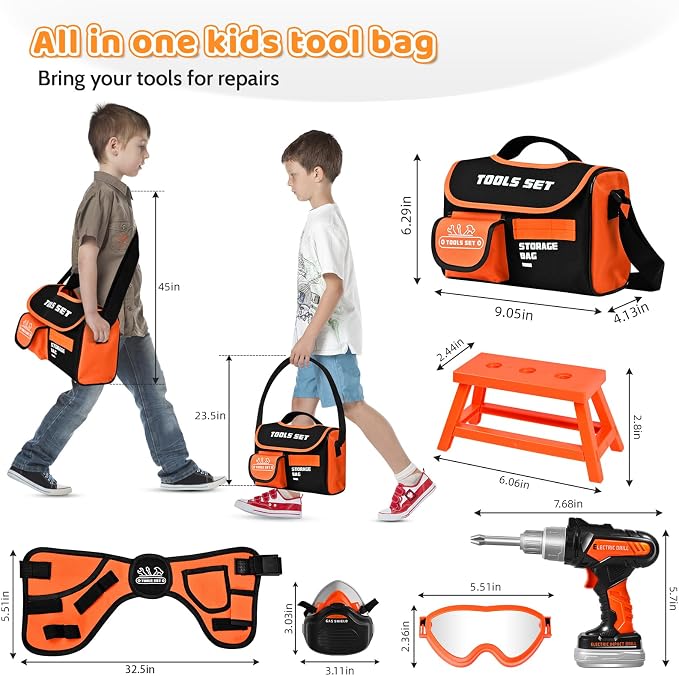 Kids Tool Set 49 PCS, Portable Tool Bag with Battery Powered Toy Drill & Adjustable Belt, Pretend Play Toddler Tool Set, Construction Toys for Boys & Girls Age 3-8, STEM Gifts