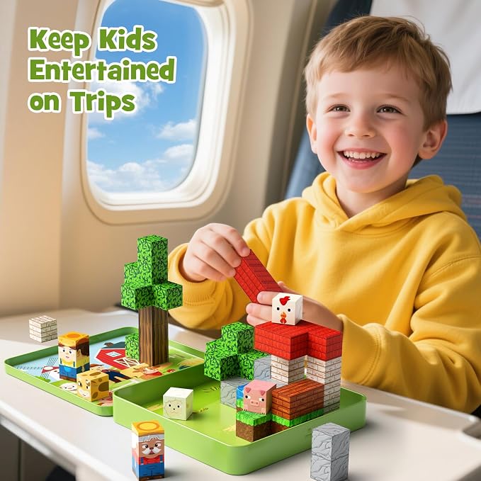 Mini Magnetic Blocks for Travel Toys: 49 Pcs Farm Animals Iron Storage Box | Portable Play Base Magnets Building Cubes Car Rides Activity & Plane Trips Essentials STEM Learning for Kids Toddler Ages 3-8