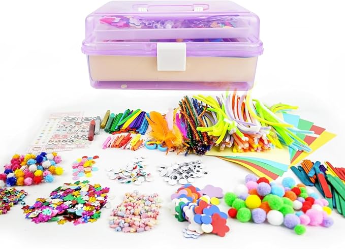 SMILESSKIDDO Kids Arts and Crafts, 1000+ PCS Craft Kits with Storage Box | Portable 3-Layer Folding Storage Box, 1000+ Pcs DIY Craft Supplies, School Craft Projects, Gifts for Girls Ages 4-12