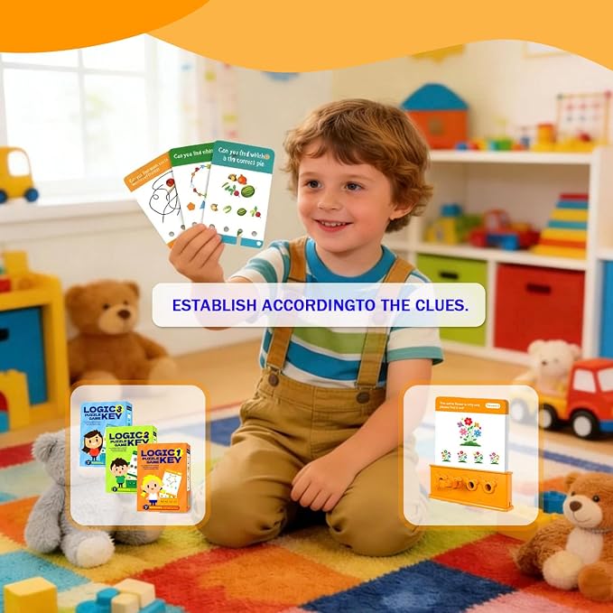 3 Levels Difficulty Toddler Preschool Educational Logic Key Toys, 64 Active Logic Flashcard Puzzles, for Kids with Card Base & Key,Logic Puzzle for Kids (3)