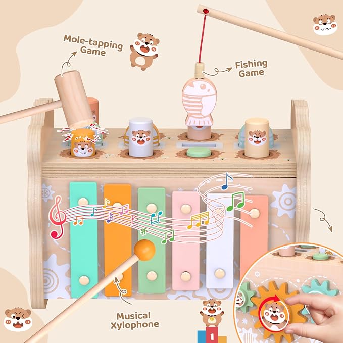 Montessori Wooden Toys for Toddler, Pounding Hammer, Car Ramp, Shape Sorter | Xylophone, magnetic fishing game, rotating gears, fine motor play, hand-eye coordination, birthday gifts for boys and girls