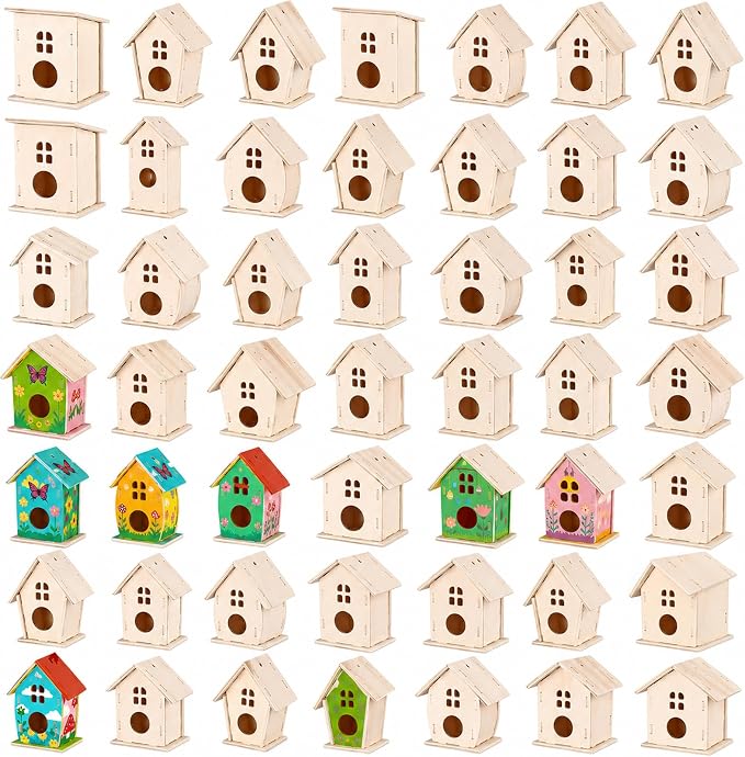 Sawysine 107 DIY Birdhouse Kits, Wooden Bird House Round Entrance | 48 Wooden Bird House Kits in 6 Shapes and 57 Butterfly Sticker for Children Fall Craft Activity Art DIY Project