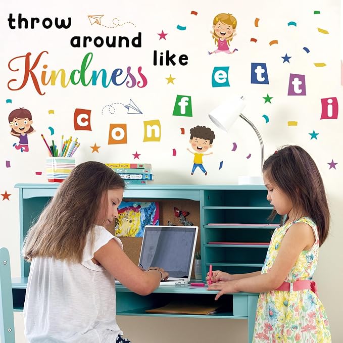 LHIUEM Big Throw Kindness Around Like Confetti Wall Decals Spread Kindness Bulletin Board Decorations Kit,Large Kindness Inspirational Quote Mural,Colorful Confetti for School Kids Classroom Playroom