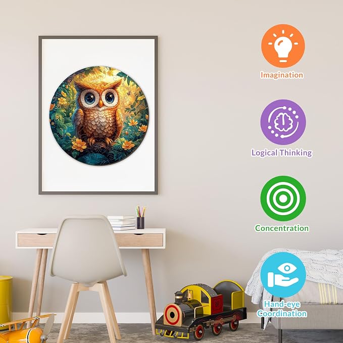 Animal Wooden Puzzles for Kids - Cute Owl | 50 Piece Puzzles for Kids Ages 4-6 - Kids Puzzle with Unique Piece Shapes - Round Puzzles for Boys and Girls (11.4 * 11.4 in)