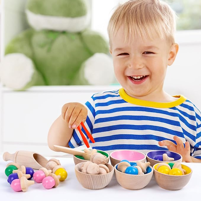 Wooden Color Sorting Toys for Toddlers - Montessori Counting Game with 6 Bowls & 20 Weighted Acorns - DIY Unpainted Pieces - Premium Educational Set with Tweezers, Spoon, Scoop & Bag - Kids 3+