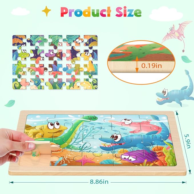 Zeoddler Wooden Puzzles for Kids 3-5, 4 Pack Dinosaur Jigsaw Puzzles for Toddlers, 20 Pieces Preschool Learning Activities, Learning & Educational Puzzles, Gift for Boys, Girls