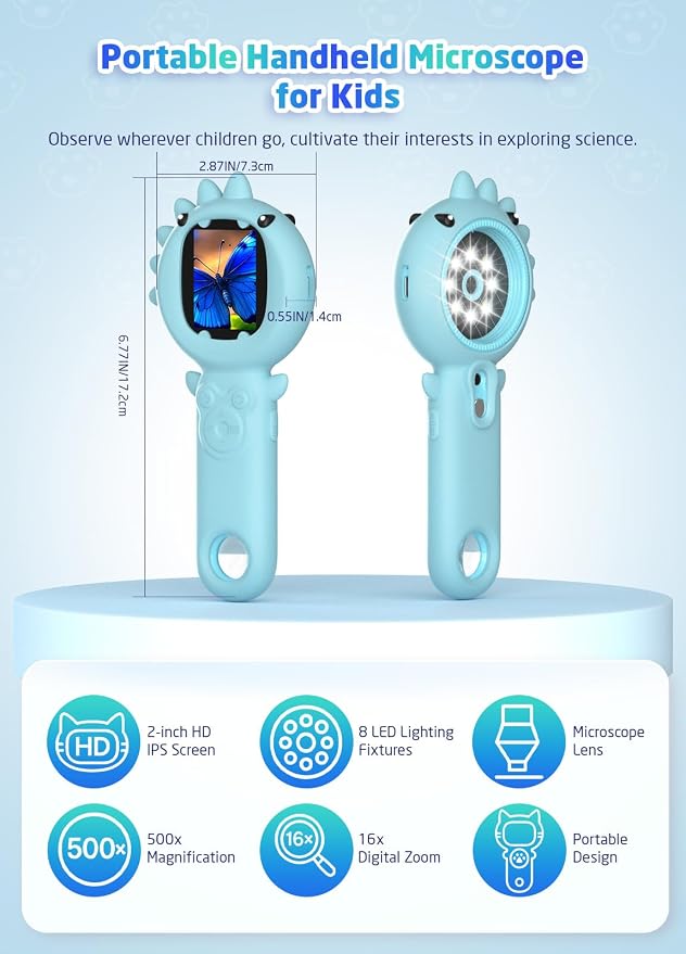 PHNIXGAM Kids Microscope Camera, 500X Handheld 2" IPS Screen, Blue Dinosaur | 2-in-1 design, supports multiple viewing angles, outdoor STEM toy, birthday gift for boys/girls 3-10, rechargeable/portable