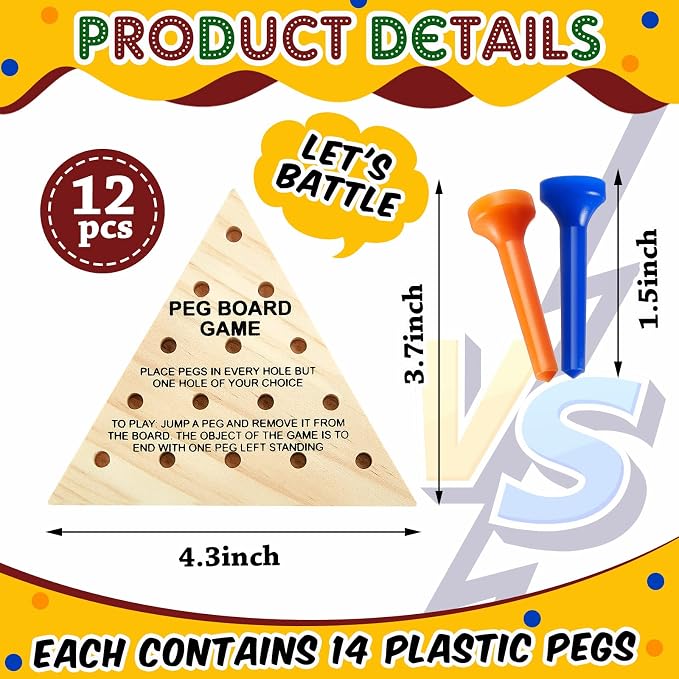 Skylety 12 Pack Triangle Peg Games Wooden Board Table Game for Family Boys Girls Adults, Learning Toys Travel Peg Jump Toys Triangle Puzzle Brain Teaser Christmas Gifts (Blue,Orange)