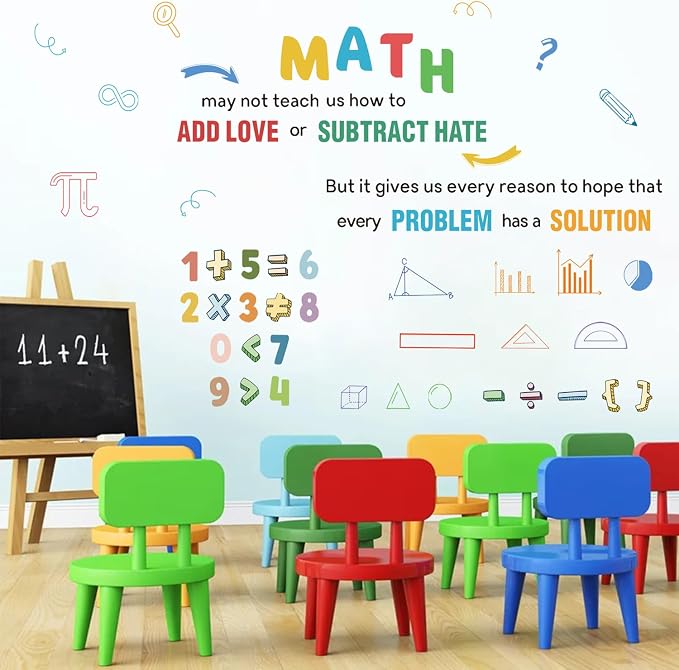 LHIUEM 2 Sheets Large Math Quotes Wall Decals,Inspirational Mathematics Wall Stickers,Big Geometry Symbols Stickers,Fun Math Decals Blue Orange Colors,Full Algebra Posters for School Classroom Nursery