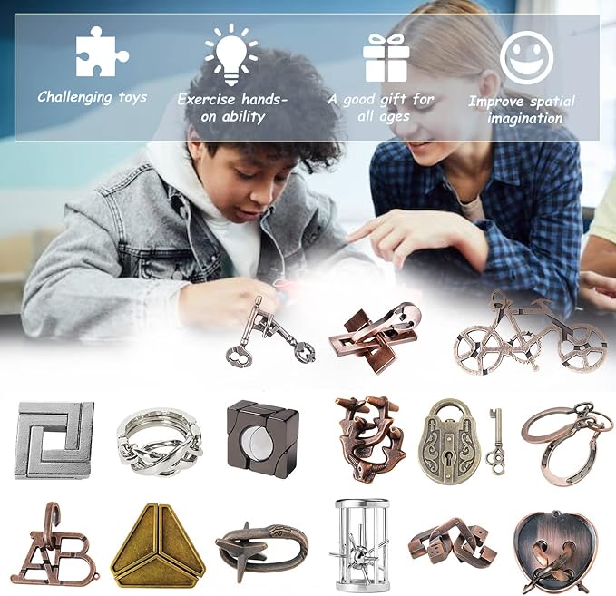 RoseFlower 15 pcs IQ Test Puzzle Brain Teaser Metal Wire Puzzles Mind Game Educational Toys Disentanglement Unlock Interlock Game Magics Trick Toy for Party Favor Kids Adults Challenge Interlock Games