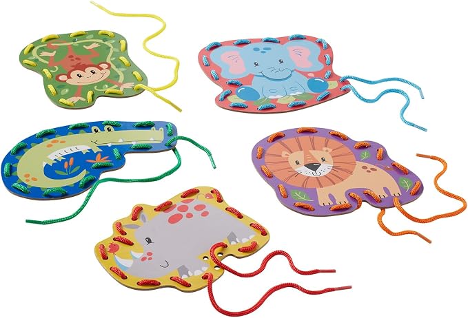 Serabeena Lacing Cards for Kids Ages 3-5 - Safari Animals | 5 Cards | Screen-Free Safari Lacing Cards Ages 3-5 - 5 Animals, 5 Laces & Storage Box - Hand-Eye Coordination Toy