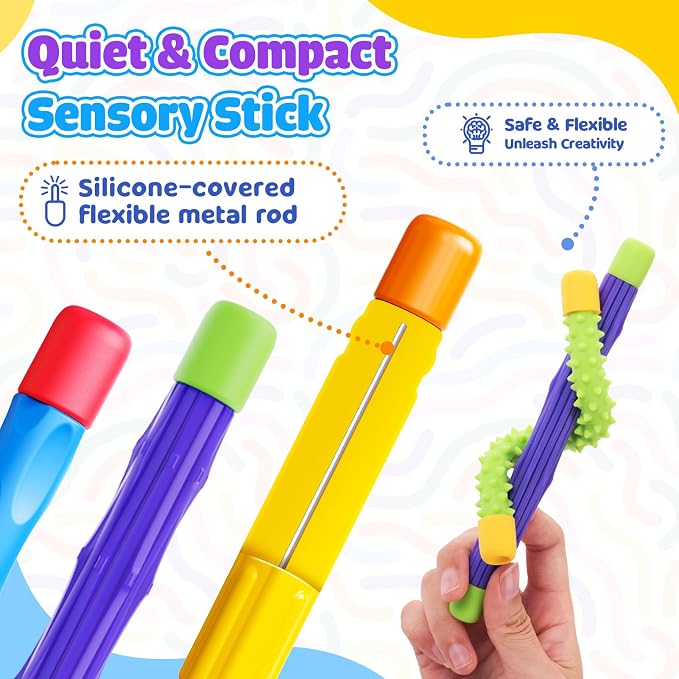 Fidget Sensory Sticks for Kids: 4 Pack Thickened & Flexible Silicone Fidget Stick - Fidget Stress Toy for Kids Autism ADHD Calming - Quiet Fidgets for Classroom Focus Prizes - Travel Calm Essentials