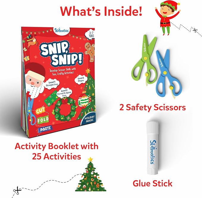 Skillmatics Snip Snip Christmas, Gift for Kids, Scissor Skills, Felt Craft | Preschool Activity Book, Safety Scissors, Fine Motor Skills, Learning Toy, Stocking Stuffers, Toddlers, Ages 3, 4, 5, 6