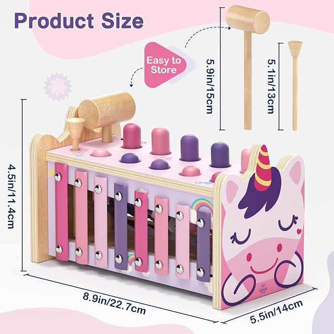 Wooden Montessori Toys for 1 Year Old, 1st Birthday Gift for Girls 1-3 | Pounding Hammering Toy with Xylophone, Toddler Learning Toy, Pink Unicorn Design, Educational Musical Baby Toy 12-18 mouth