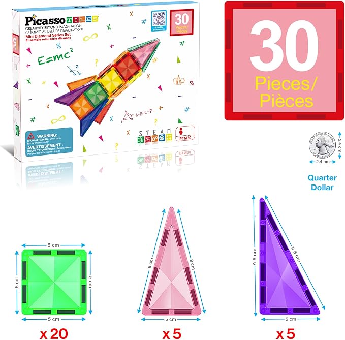 PicassoTiles 30 PCs Magnetic Tiles Travel Size Mini Version Building Block Construction Set for Kids Great Gift Ages 3+ Boys & Girls Preschool Kindergarten Montessori Playing Toys Stacking Fun PTM30
