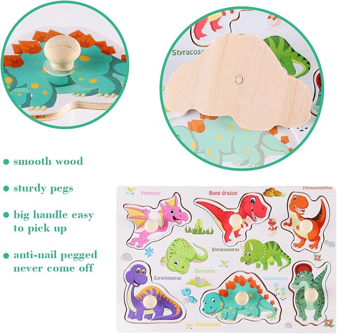 Wooden Peg Puzzles for Preschoolers 3-5, Kids' Educational Preschool Peg Puzzle Toy, Set of 3 Preschooler Puzzles - Traffic, Dinosaur, and Fruit, Ideal Gift for Ages 3 4 5 Boys and Girls