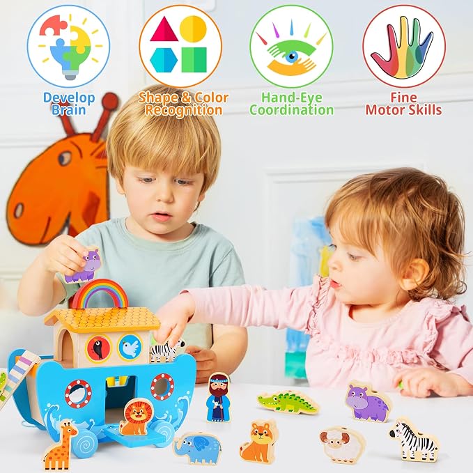 ATOYUS Wooden Noah's Ark Toy for 2+ Year Old Kids Boy and Girl Baptism Gift | Montessori Educational Toy with Animal Shape Sorter, Christian Bible Story Book for Kids Ages 2-4, Christmas Birthday Gifts
