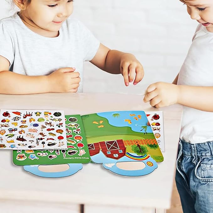Reusable Sticker Books for Kids, 3 Sets Travel Removable Toddler Sticker Books for 3 4 5 Year Old Girls Boys Birthday Gifts Educational Learning Toys for Age 3-6 - Farm & Zoo Animal, Vehicle