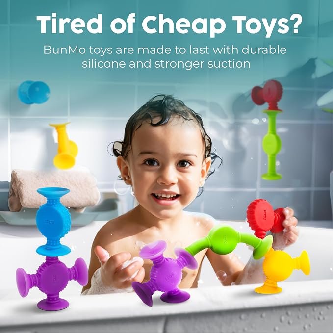 BUNMO Bath Toys Suction - Connect, Build, Create - Toddler Bath Toys - Hours of Fun & Creativity - Fine Motor Skills - Stimulating Sensory Toys - Non-Mouthable Toy - Textured 10 Pack