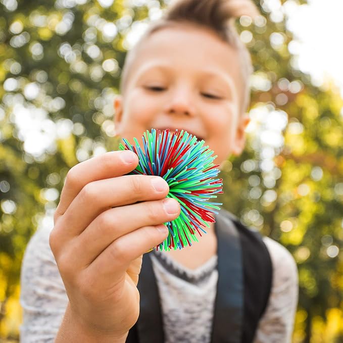 Leinuosen 12 Pieces Stringy Balls Sensory Stringy Ball Soft Rainbow Pom Bouncy Stress Bags Basket Stuffers Fillers Birthday Party Favors, Fidget Party School Classroom Gifts, Multicolor (2.75 Inch)