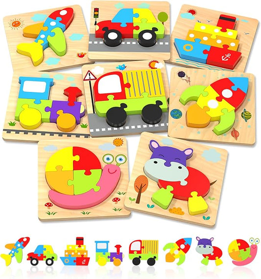 Wooden Toddler Puzzles Gifts Montessori Toys for 1 2 3 Years Old Boys Girls | 8 Vehicle Shape Puzzles, Boy Birthday Gift, Montessori Toys Educational Blocks for Toddlers 1-3, 2-4, Baby Learning Toys