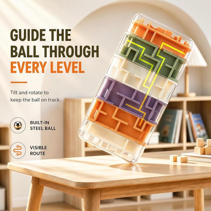 6 Layer 3D Rolling Ball Maze Cube, 2 in 1 Spin Fidget Toy for Kids | Fidget Toy and Stress Toy, 3D Brain Teaser Puzzle Game Portable Activity Toy Birthday Gifts for Kids Ages 3-7+ Boys Girls
