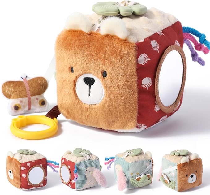 let's make Bear Baby Activity Cube for Babies 0-12 Months, Soft Activity Block Toy with Food-Grade Teether & Baby-Safe Mirror, Tummy Time Crinkle Toy for Infants Boys Girls