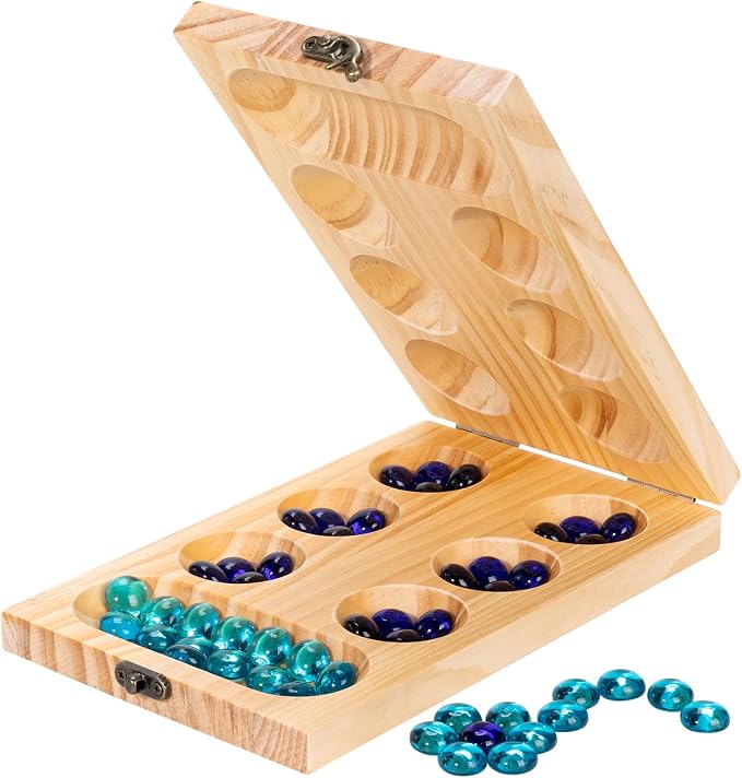 Wooden Mancala Board Game Set, Travel Mancala Game for Kids and Adults | Foldable Board, Durable Wood, 17.6x5.2" Size, 48+2 Bonus Glass Stones, Easy Instructions, Strategy Family Activity