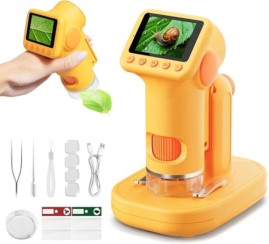 1600X Microscope for Kids, 2.0" Screen Kids Microscopes with Slides Kit Microscope for Toddlers Christmas Birthday Gifts Toys for 3-14 Year Old Children Students (Yelllow)