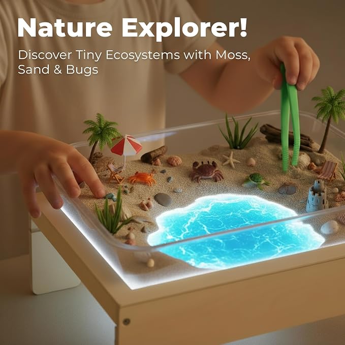bopoobo Light Table for Kids -Sand Painting Light Box All-in-One Sandbox Alternative with Tracing Light Box, 10 Dimming Levels & 50+ Pieces(USB)