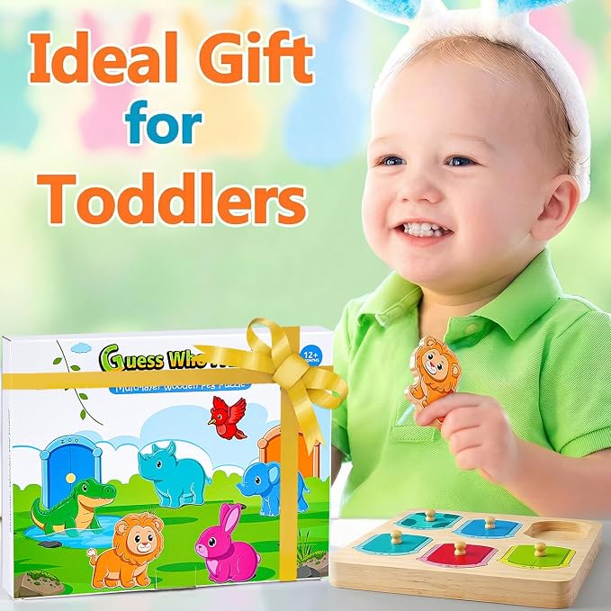 Wooden Animal Peg Puzzle : Baby Puzzles 12-18 Months, Montessori Baby Toys for 1 Year Old, Preschool Learning Activities for Toddlers 1-3, Christmas Birthday Gifts for Boys, Girls