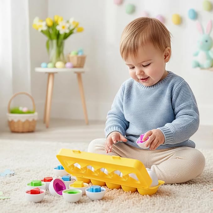 MAGIFIRE Toy Eggs for Toddlers 1-3 - 12 Matching Plastic Eggs, Assorted Colors and Shapes - Fun Gift for Toddlers - Montessori Matching and Sorting Set - STEM Educational Toy