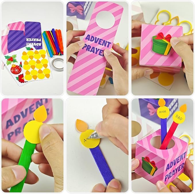 Cinrobiye 24 Set Christmas Advent Prayer Box Craft Kits DIY Advent Candle Prayer Jar with Popsicle Stick Peace Hope Prayer Handmade Paper Box for Xmas Religious Nativity Sunday School Activities