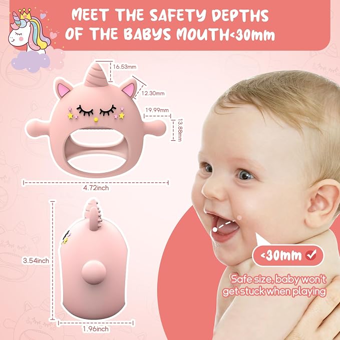 Tinabless Teething Toys for Babies 6-12 Months, Unicorn Never Drop Silicone Teether Designed for Babies 0-6 Months, Car Seat Toy for New Born, Natural Organic Baby Teether for Boys & Girls, Pink