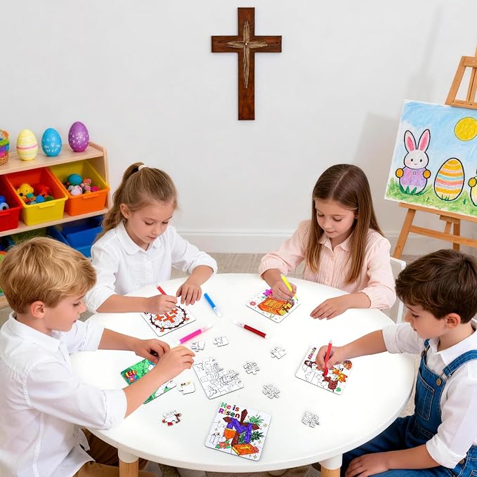 24Pcs Christian Easter Crafts for Kids bulk, Religious Easter Puzzle Activities for Basket Stuffers, Bible Jesus He Lives DIY Arts Jigsaw Kits for Classroom gifts, Spring Party Favors, Coloring Games