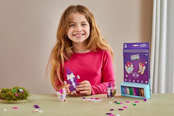 PLUS PLUS Puzzle By Number Activity Pad, Enchanted Forest | Airplane Activities & Roadtrip Essentials for Kids, Interlocking Mini Building Blocks, 2D 3D Puzzle Stem Toy