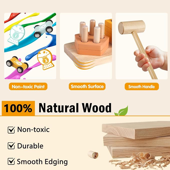 Montessori Wooden Toys for Toddler, Pounding Hammer, Car Ramp, Shape Sorter | Xylophone, magnetic fishing game, rotating gears, fine motor play, hand-eye coordination, birthday gifts for boys and girls