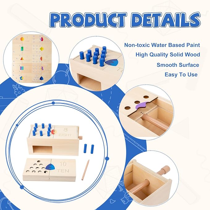 Montessori Toddler Counting Peg Board Box with Number- Wooden Counting Box Toys for Toddlers 1-3,Math Manipulatives Materials and Numbers,Montessori Toys for 3 Year Old,Large Size 10.8" X 4.9 "X 3.9"