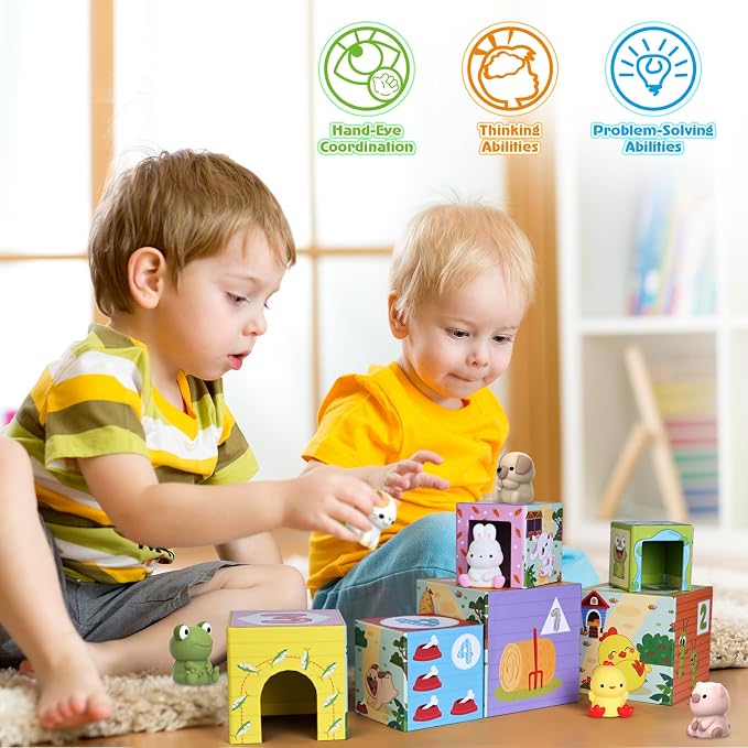 Toddler Farm Animal Sorting and Stacking Toys Gifts for 1-3 Year Olds | Toys for Age 12-18 Month, Number Nesting Boxes Stackable Toy With Finger Puppet, Montessori Toy Gifts for 1 2 3 Year Boy Girl
