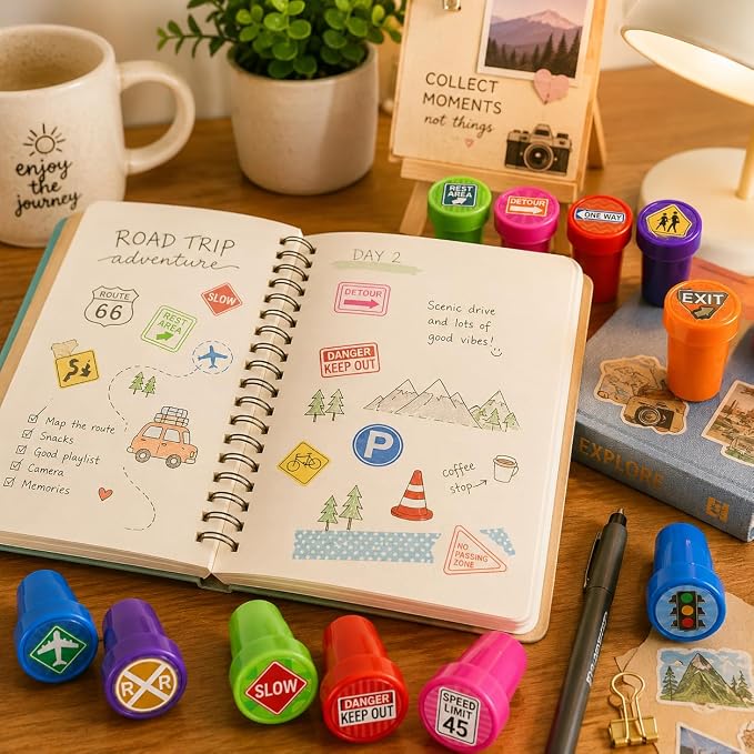 Cinrobiye 24 Pcs Traffic Sign Stampers Party Favor Set, Cute Road Safety Stamps for Kids Birthday Party, Classroom Rewards, Learning Activities, Goody Bag Fillers, Educational Party Supplies