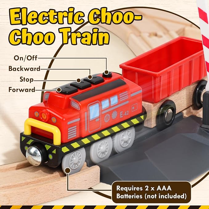Lehoo Castle Wooden Train Set, Construction Toys for 3 Year Old Boys | Wooden Train Track Set for Kids w/Crane, Toy Train Railway Playset for Toddler Boy Birthday Gift