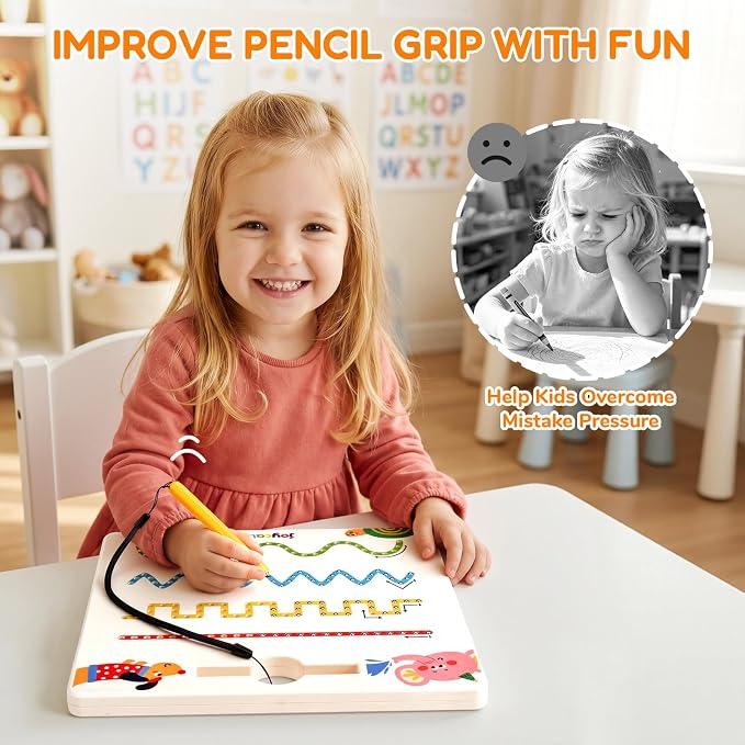 JoyCat Magnetic Animal Shapes and Lines Tracing Board, Pencil Control Toy | 2-in-1 double-sided toy builds pencil control for toddlers; preschool learning and road trip car activities for kids.
