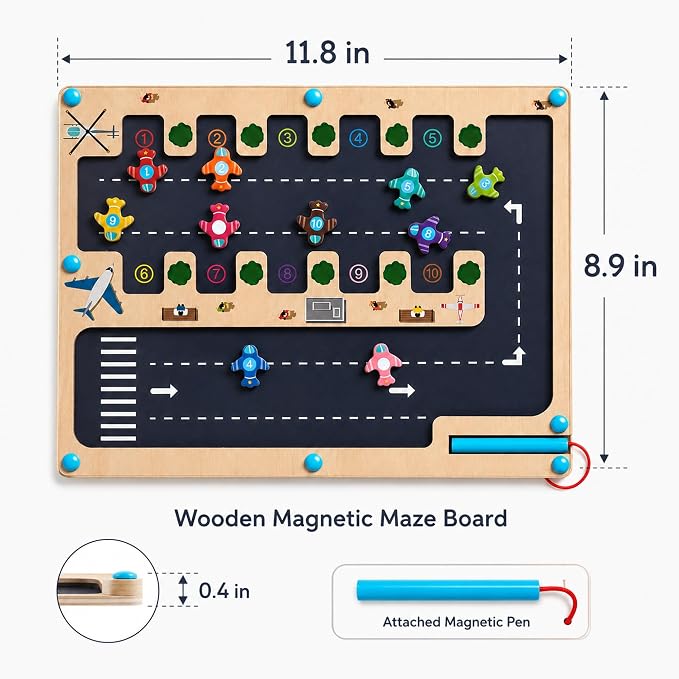 Magnetic Number Maze Toy for Toddlers Ages 3-5, Wooden Airport Parking Puzzle with Magnetic Pen, Montessori Counting & Number Matching Learning Toy, Fine Motor Skills Activity for Boys Girls 3 4 5