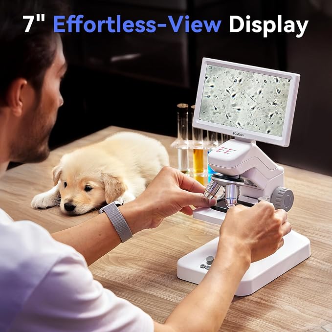 TOMLOV DM301 Pro Microscope for Kids Adults Students, 7" Screen Science Kit | TV/PC View, Camera & Video, Wireless APP Share, Dual LEDs, 1200X Biological Educational Scope with Slides, STEM Experiment