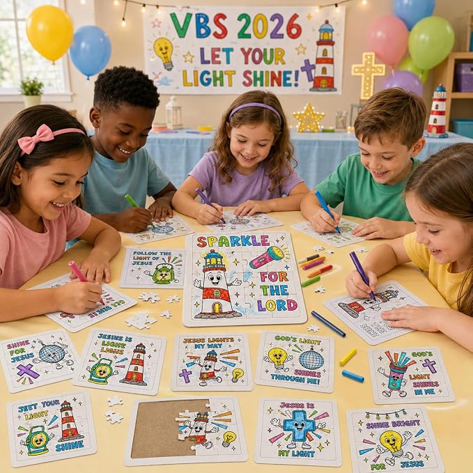 Cinrobiye 24 Pcs 2026 VBS Jesus is the Light Coloring Puzzle Crafts Illumination Theme Christian Jigsaw Puzzle Craft for Vacation Bible School Sunday School Activities and Church Events