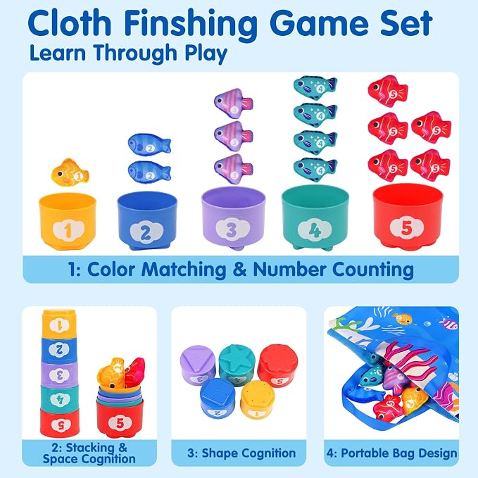 Montessori Toys for 1 Year Old: Cloth Fishing Game with Stacking Cups | Learning Educational Toys for 1+ Year Old Boy Girl First Birthday Gift - Number Counting, Color Sorting Toys for Toddlers 1-3
