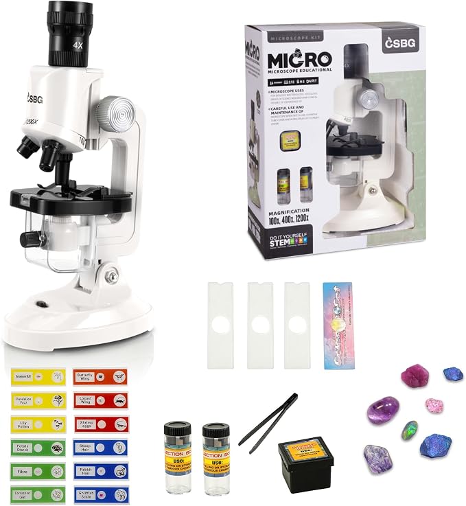 Kids Microscope Kit with LED Light - 100X/400X/1200X Magnification for STEM Learning, 12 Prepared Slides, Easy-to-Use Science Learning Kit (Ages 5-12) - White