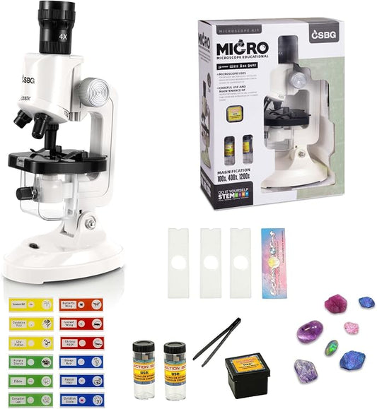 Kids Microscope Kit with LED Light - 100X/400X/1200X Magnification for STEM Learning, 12 Prepared Slides, Easy-to-Use Science Learning Kit (Ages 5-12) - White