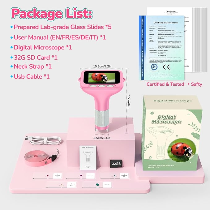 Kids Digital Microscope with 3-Inch Screen: STEM Toy Science Gift Ages 4-12 | 32GB Card, 1000X Zoom, Rechargeable, Photo/Video, Connect to PC, 8 LEDs, 6 Brightness Levels, One-Touch Capture