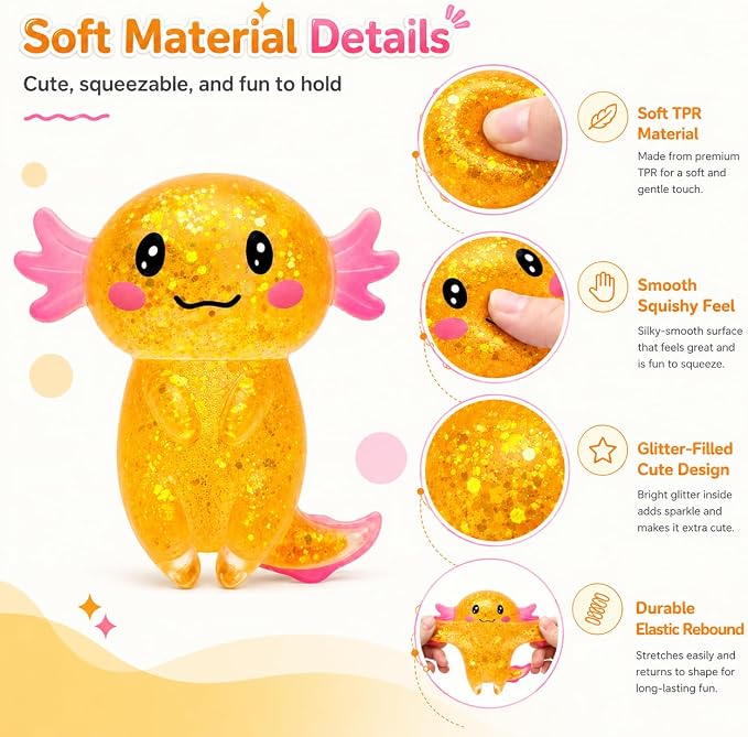 Axolotl Squishy Stress Ball, Soft TPR Slow Rising Squeeze Toy, Cute Axolotl Fidget Toy for Stress Relief, Anxiety Calming Sensory Toy for Kids Adults(Orange Long Tail Axolotl)
